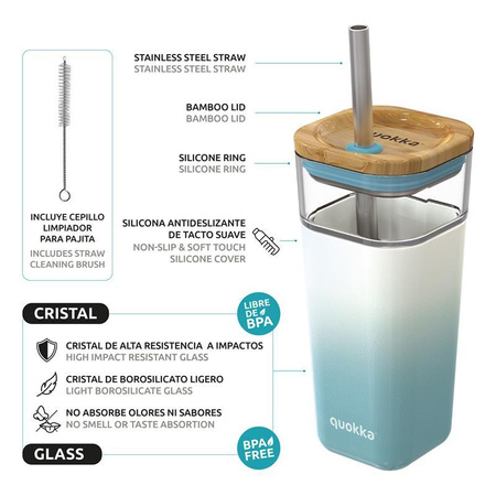 Quokka Liquid Cube - Glass mug 540 ml with stainless steel straw (Teal Gradient)