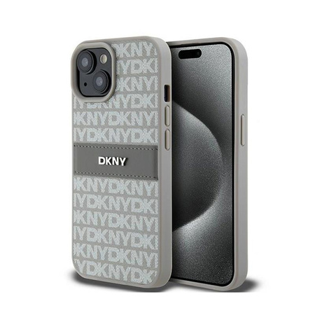 DKNY Leather Mono Stripe & Metal Logo - Coque pour iPhone 15 Plus / 14 Plus (beige)