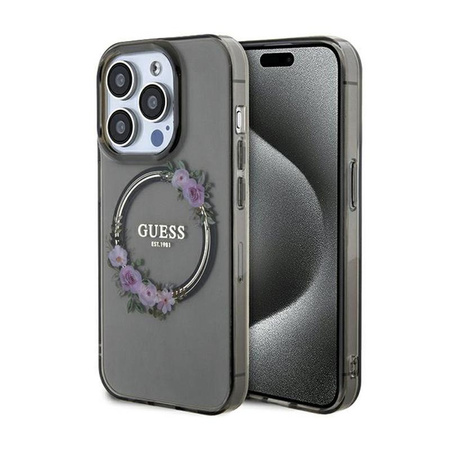 Guess IML Flowers Wreath MagSafe - pouzdro pro iPhone 15 Pro (černé)