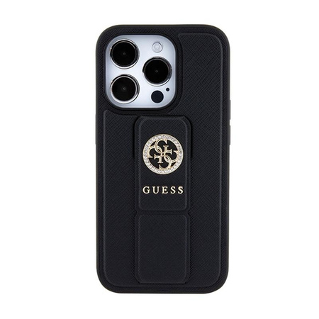 Guess Grip Stand 4G Saffiano Strass Logo - iPhone 15 Pro tok (fekete)