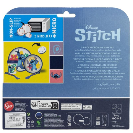 Disney Stitch - Set di stoviglie antiscivolo per microonde 5 pezzi (piatto, ciotola, tazza, forchetta, cucchiaio)