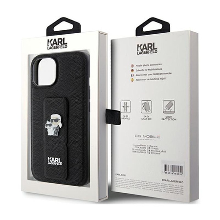 Karl Lagerfeld Gripstand Saffiano Karl & Choupette Pins - iPhone 15 Case (Black)