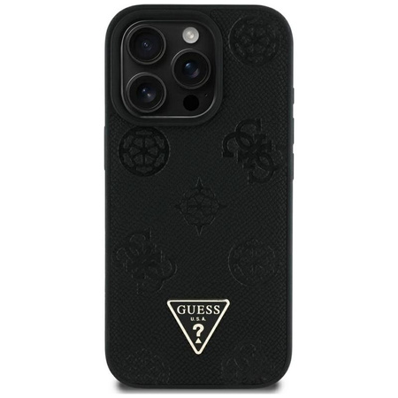 Guess Grainé Hot Stamp Peony Triangle Logo MagSafe - Coque pour iPhone 16 Pro Max (noir)