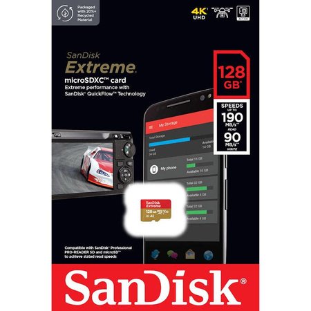 SanDisk Extreme microSDXC - 128 GB A2 V30 UHS-I U3 memory card 190/90 MB/s with adapter