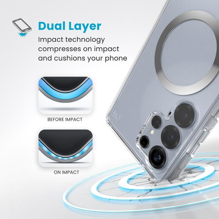 Speck Presidio Perfect-Clear Magnet - Custodia MagSafe per Samsung Galaxy S25 Ultra (Trasparente / Finitura Cromata / Argento Sereno)