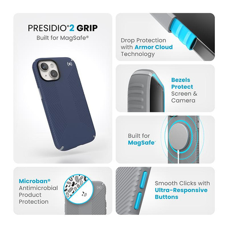 Speck Presidio2 Grip Magsafe - Pouzdro pro iPhone 16e / iPhone 15 / iPhone 14 / iPhone 13 (Přímořská modrá / Prašně šedá / Bílá)