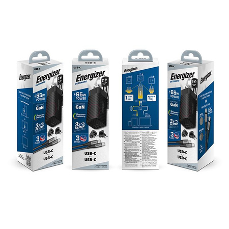 Energizer Ultimate - Multiplug EU / UK / US GaN USB-C & USB-A 65W PD travel charger + USB-C cable (Black)