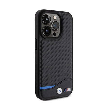 BMW Leather Carbon Blue Line - tok iPhone 15 Pro készülékhez (fekete)