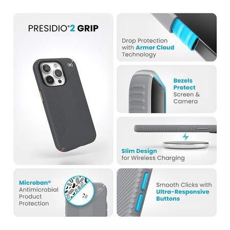 Speck Presidio2 Grip - iPhone 15 Pro Case (Charcoal Gray / Cool Bronze / White)