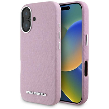 Karl Lagerfeld Saffiano Full Wrapped Elongated Metal Logo MagSafe - Pouzdro pro iPhone 16 (růžové)