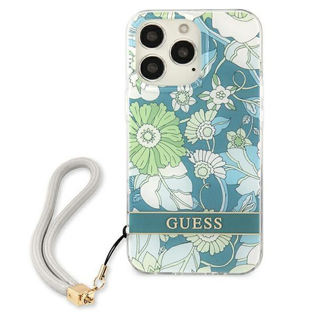 Guess Flower Cord - Tasche mit Schlüsselband iPhone 13 Pro Max (Grün)
