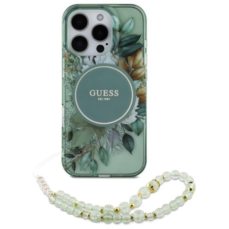Guess IML Flowers With Pearl Strap MagSafe - Pouzdro pro iPhone 16 Pro Max (Zelené)
