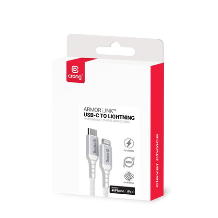 KABEL USB C LIGHTNING 1.5M SZYBKIE ŁADOWANIE, MFi, Biały, Oplot, Crong