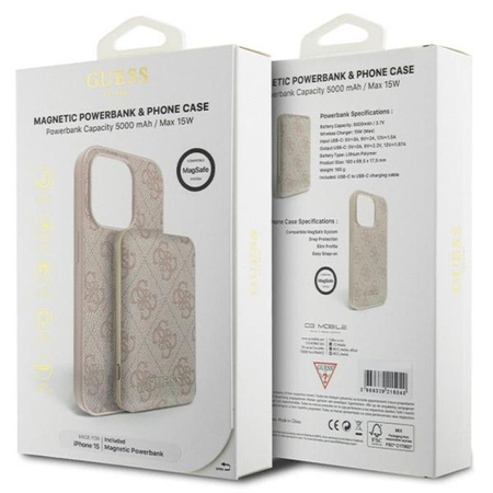 Guess Bundle Pack MagSafe 4G Metal Gold Logo - Etui Set + Power Bank 5000mAh MagSafe iPhone 15 (pink)