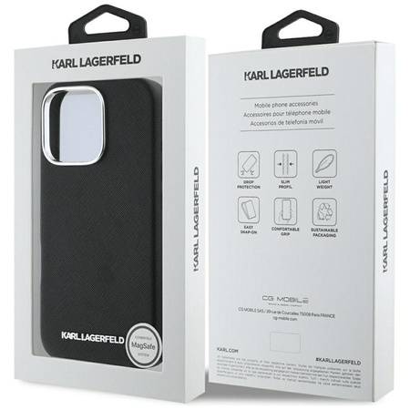 Karl Lagerfeld Saffiano Full Wrapped Elongated Metal Logo MagSafe - étui pour iPhone 16 Pro (noir)
