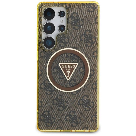 Guess 4G Glitter Triangle Buttons MagSafe - étui pour Samsung Galaxy S25 Ultra (marron)