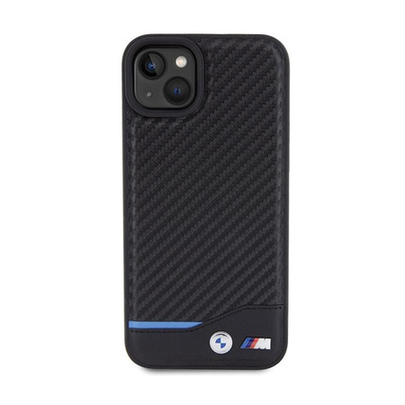 BMW Leather Carbon Blue Line - pouzdro pro iPhone 15 Plus (černé)