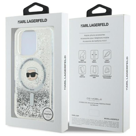 Karl Lagerfeld Liquid Glitter Karl Head MagSafe - Pouzdro pro iPhone 16 Pro (průhledné)
