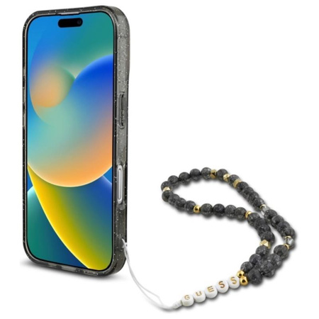 Guess IML Glitter With Pearl Strap MagSafe - Pouzdro pro iPhone 16 (Černé)