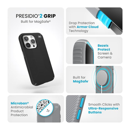 Speck Presidio2 Grip Magsafe - iPhone 15 Pro Case (Black / Slate Grey / White)