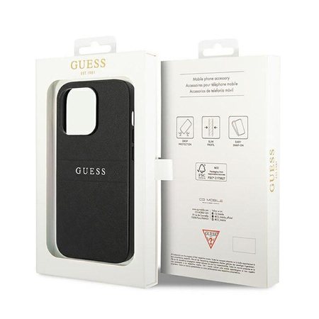 Guess Saffiano Metal Logo Stripes - pouzdro pro iPhone 14 Pro (černé)