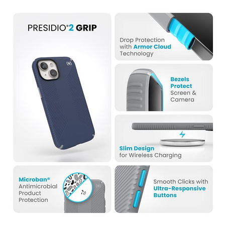 Speck Presidio2 Grip - Coque iPhone 16e / iPhone 15 / iPhone 14 / iPhone 13 (Bleu côtier / Gris poussière / Blanc)