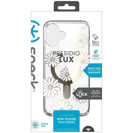 Speck Presidio Lux ClickLock & MagSafe - Coque pour iPhone 16 Plus (Sunshine Daisies / Clear / Gold)