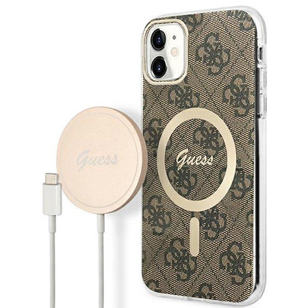 Guess Bundle Pack MagSafe 4G - Pouzdro MagSafe pro iPhone 11 + sada nabíječky (hnědá/zlatá)