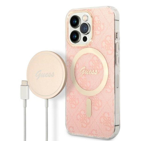 Guess Bundle Pack MagSafe 4G - MagSafe iPhone 13 Pro Max tok + töltő készlet (rózsaszín/arany)