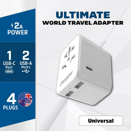 Energizer Ultimate - cestovní adaptér EU / US / AU / UK + 2x USB-A a USB-C s certifikací MFi (bílý)