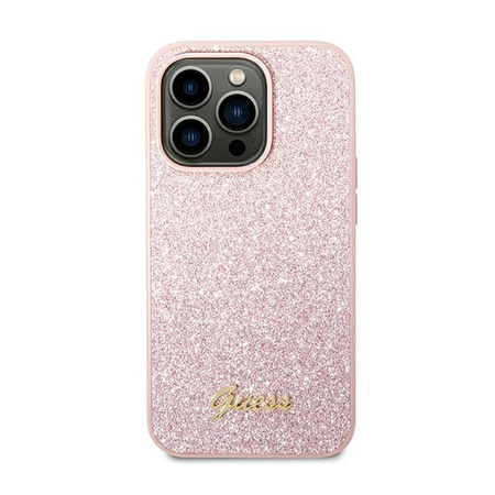 Guess Glitter Flakes Metal Logo Case - pouzdro pro iPhone 14 Pro (růžové)