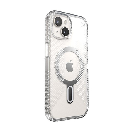 Speck Presidio Perfect-Clear Grip ClickLock & Magsafe - Coque pour iPhone 15 (Transparente / Finition chromée / Argent Serein)