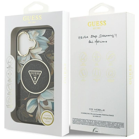 Guess IML Glitter Flowers Triangle MagSafe - Hülle iPhone 17 (schwarz)