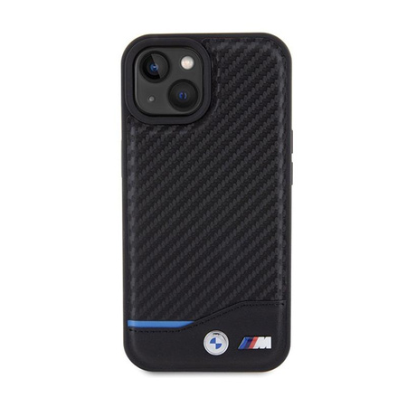 BMW Leather Carbon Blue Line - pouzdro pro iPhone 15 (černé)