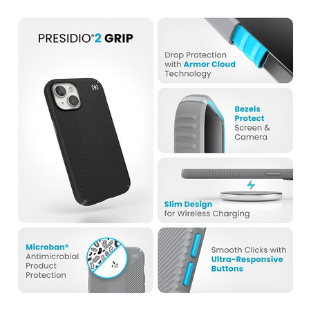 Speck Presidio2 Grip - pouzdro iPhone 16e / iPhone 15 / iPhone 14 / iPhone 13 (černé / břidlicově šedé / bílé)