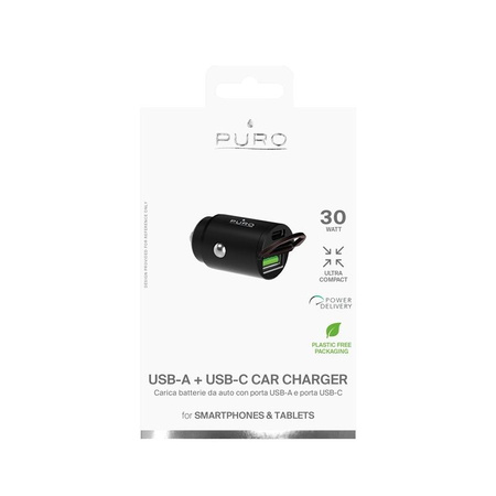 PURO Mini Car Fast Charger - Autoladegerät 1 x USB-A + 1 x USB-C Power Delivery 30 W (schwarz)