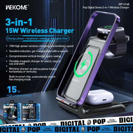 WEKOME WP-U168 Pop Digital Series - Chargeur sans fil 3-en-1 pour iPhone, AirPods et Apple Watch (Noir)