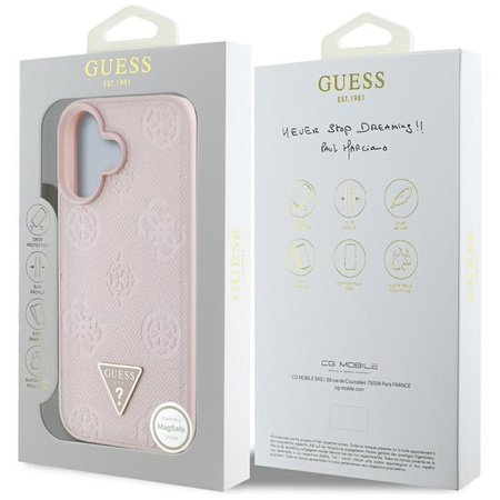 Guess Grained Hot Stamp Peony Triangle Logo MagSafe - Pouzdro pro iPhone 16 (růžová)