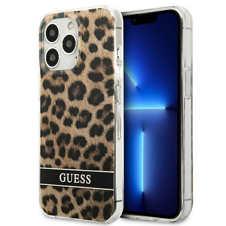Guess Leopard Electro Stripe - pouzdro pro iPhone 13 Pro (hnědé)