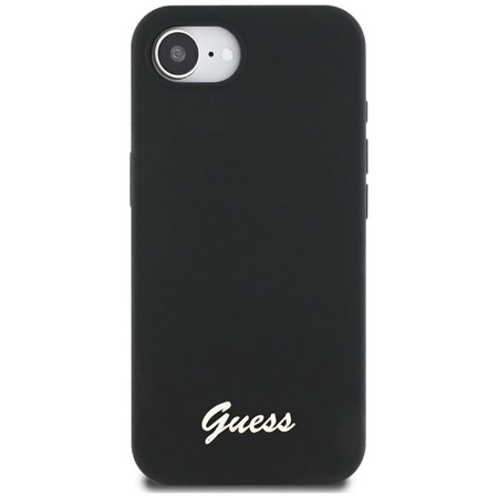 Guess Silicone Script Metal Logo MagSafe - Pouzdro na iPhone 16e (černé)