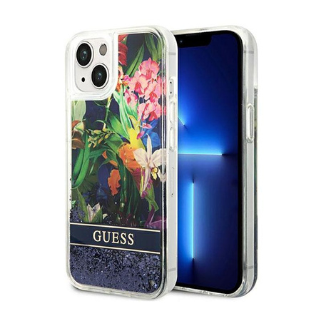 Guess Liquid Glitter Flower - pouzdro pro iPhone 14 (modré)