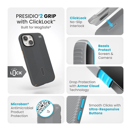 Speck Presidio2 Grip ClickLock & MagSafe - Tasche iPhone 15 / iPhone 14 / iPhone 13 (Charcoal Grau/Cool Bronze)