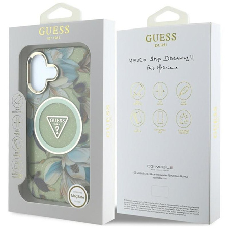 Guess Glitter Flowers Triangle Buttons MagSafe - Pouzdro pro iPhone 16 (zelený)