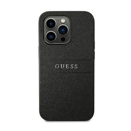 Guess Saffiano Metal Logo Stripes - pouzdro pro iPhone 14 Pro (černé)