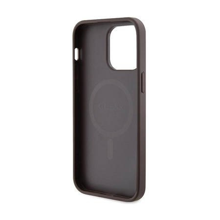 Guess 4G Collection Cuir Logo Métal MagSafe - Étui pour iPhone 15 Pro (marron)