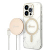 Guess Bundle Pack MagSafe IML Marble - MagSafe iPhone 14 Pro Tasche + Ladegerät Set (weiß/gold)
