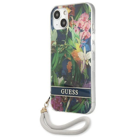 Guess Flower Cord - Etui avec dragonne iPhone 13 (Bleu)