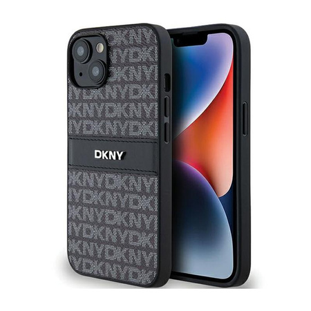 DKNY Bőr mono csíkos és fém logóval - iPhone 14 / 15 / 13 tok (fekete)