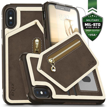 Zizo Nebula Wallet Case - kožené pouzdro na iPhone X s kapsami na karty + pouzdro na zip + 9H sklo na displej (tmavě hnědá/hnědá)