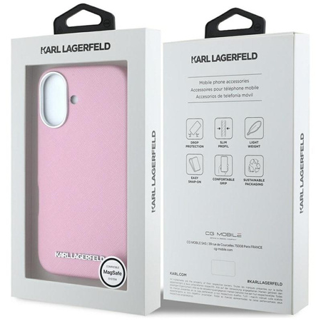 Karl Lagerfeld Saffiano Full Wrapped Elongated Metal Logo MagSafe - Hülle für iPhone 16 (rosa)